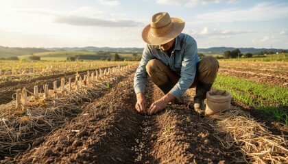 Medium shot of a farmer planting legumes in rich soil practicing sustainable triplecrop rotation to improve nitrogen content and soil fertility naturally.