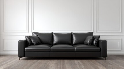 Modern Black Leather Sofa Against Elegant White Wall Design