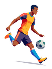 Vector illustration of a single abstract professional soccer player dynamically playing and shooting a ball, symbolizing energy, motion, creativity, and athletic passion	