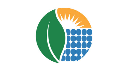 Eco-friendly solar energy logo with sun leaf and solar panels clean power concept