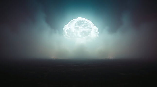 An intense bright light erupts from a mushroom cloud formation in a dark foggy landscape with two small lights visible on the ground