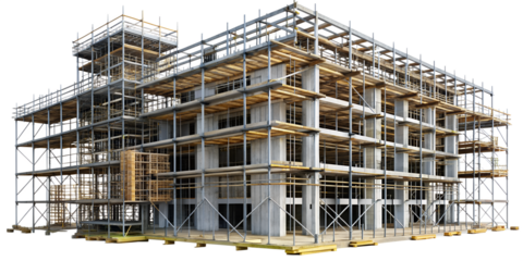 Multistory building under construction with scaffolding isolated on transparent background, illustrating the stages of architectural development
