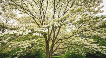 Fototapeta premium A sprawling tree bursts with white blossoms, its branches reaching outwards