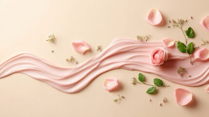 Composizione fotografica mostra una scia di crema per il viso rosa fluente, ornata da delicate rose, petali e foglie verdi