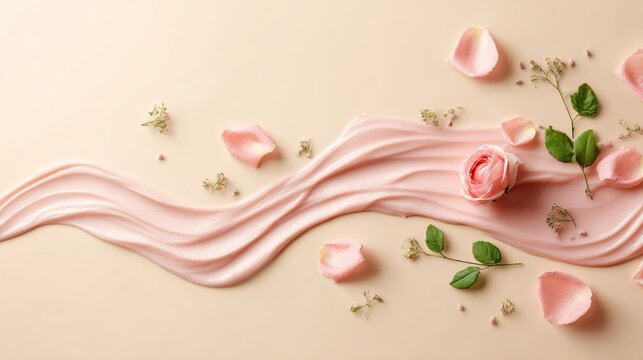 Composizione fotografica mostra una scia di crema per il viso rosa fluente, ornata da delicate rose, petali e foglie verdi