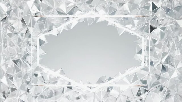 Geometric, shiny, abstract composition of crystalline facets in shades of white and grey with a hexagonal frame