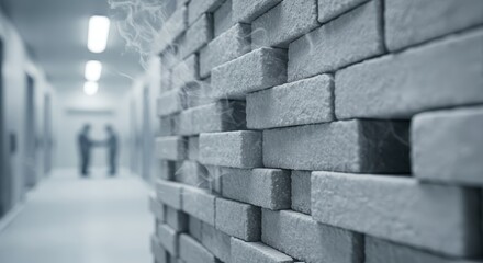 Abstract brick wall with hazy figures in a sterile corridor.