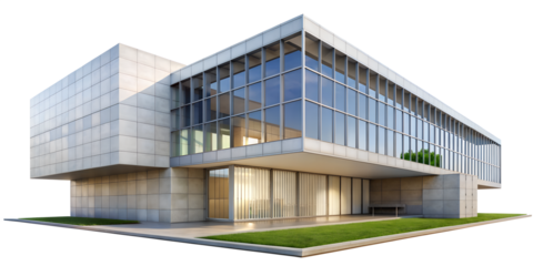 Modern concrete building with large glass windows isolated on transparent background, showcasing contemporary architecture and design elements