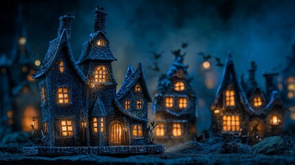 Notte di Halloween, con un cielo blu scuro e nuvoloso che crea un'atmosfera spettrale. Case con tetti sporgenti infestate da pipistrelli. Tipica notte di Halloveen
