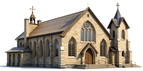 Historic church building isolated on transparent background architectural design with stone walls and steeple, reflecting tradition and religious significance