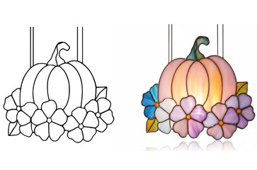 Pumpkin and flower Stained Glass Art – Autumn Decorative Window Panel