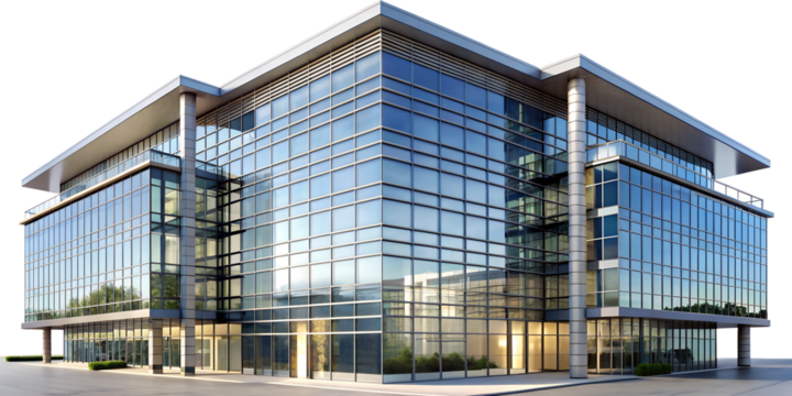 Modern office building with glass facade isolated on transparent background, showcasing contemporary architecture and design for business and corporate use
