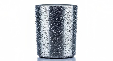 Tall silver metal can with condensation droplets isolated on white background