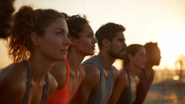 Endurance Under the Sun: A determined group of athletes stands poised at the starting line, faces illuminated by the warm glow of the rising sun.