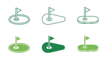 Six golf green icons with flags showing different perspectives and styles