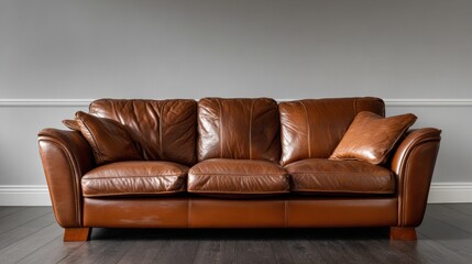 Fototapeta premium Cozy Brown Leather Sofa in Stylish Living Room Interior Design