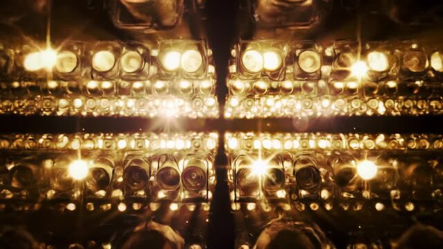 Warm golden and amber stage lights pulsate, strobe, and flash, forming an intricate grid against black with haze and lens flares. Futuristic concert atmosphere