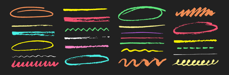 Bright colorful doodle circles, underlines, and highlights on black background. Hand drawn marker shapes, neon accents, and brush textures. Vector abstract scribble illustration