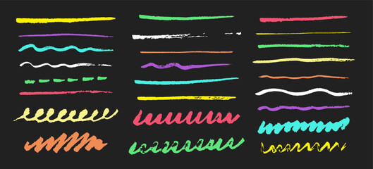 Abstract vector set of bright colorful lines and wavy strokes on black background. Hand drawn marker scribbles, neon brush strokes, playful highlighter underlines for design