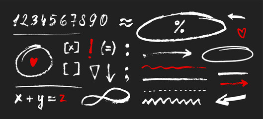 Math Vector doodle set with hand drawn chalkboard numbers, arrows, and other symbols. Crayon classroom sketch for school, education, and learning themes