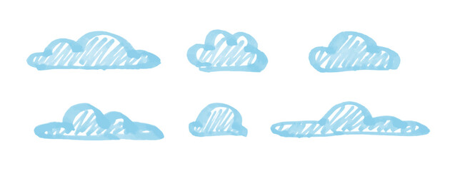 Set of blue vector cloud doodles drawn with marker on white background. Cute hand drawn cartoon cloud shapes for weather icons, children’s design, and decoration elements
