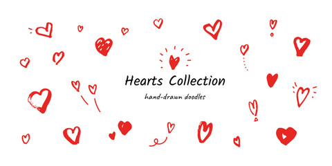 Various Red marker Hearts on white. Hand drawn love symbols, sketch doodle hearts for Valentine’s Day or romantic design. Cute marker drawing illustration