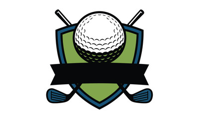 Golf emblem with crossed clubs and textured ball featuring a ribbon for text