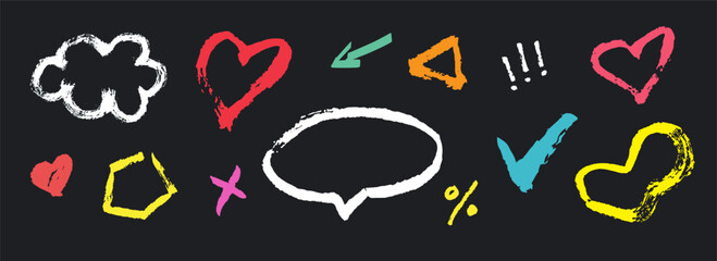 Vector set of rough hand drawn shapes. Hearts, clouds, arrow, triangle, speech bubble and more. Grunge crayon doodle with uneven texture. Perfect for handmade graphic design