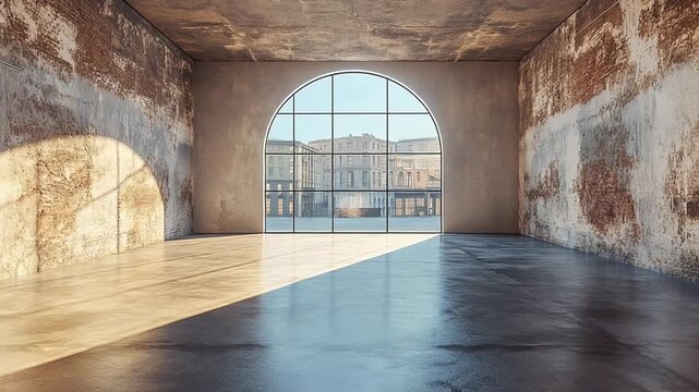 Sunlit industrial loft interior with large arched window and city view.