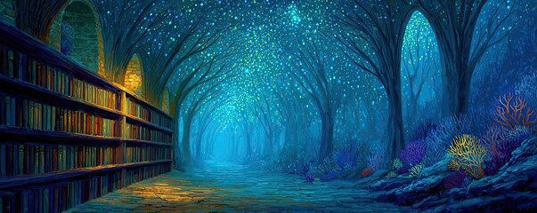 Fantasy underwater library of ocean antiquity concept. A mystical library path illuminated by starlit trees.
