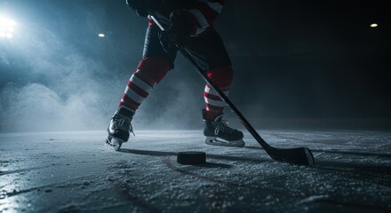 Obraz premium Ice hockey player in action on a frosty rink under arena lights.