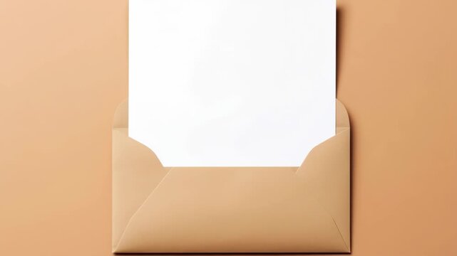 Top-down view of a blank white card in a brown envelope on a peach background. Minimalist style, ideal for video intros or presentations. Live desktop wallpaper.