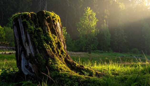 Forest scene, old tree trunk covered in green moss
