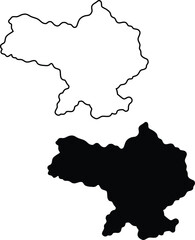 Distinct black silhouette and contour map of an unnamed geographical territory on a clear white plane