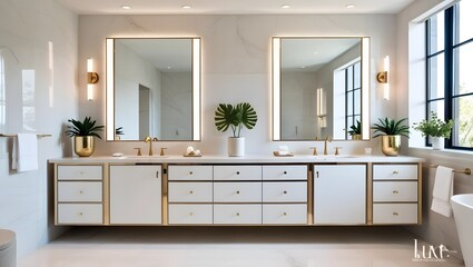 Luxury double vanity bathroom with gold accents, backlit mirrors, marble walls, twin brass sinks, large windows, potted plants and freestanding tub for spa-style interior photo with elegant trim