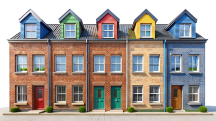 Row of colorful townhouses isolated on transparent background, showcasing vibrant architecture and diverse design in a residential neighborhood