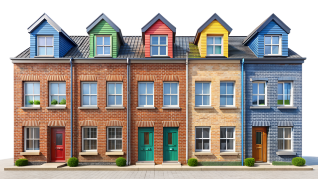 Row of colorful townhouses isolated on transparent background, showcasing vibrant architecture and diverse design in a residential neighborhood