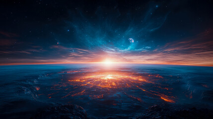 Fototapeta premium Majestic Galactic Dawn Illuminating Molten Extraterrestrial Landscape Under Vibrant Star-Swept Sky with Distant Celestial Bodies