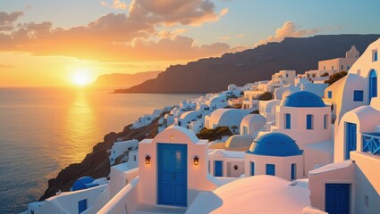 Santorini Greece Whitewashed Buildings at Sunset Aegean Sea Island Scenery