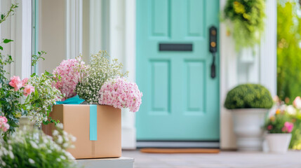 Thoughtful gift delivery: fresh pink and white flowers on brown box with blue ribbon, placed on welcoming home porch in front of vibrant teal front door, capturing moment of arrival.