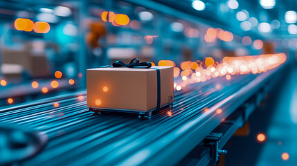 Beautifully wrapped gift box travels on futuristic blue conveyor belt, illuminated by warm orange bokeh lights in modern automated logistics facility, symbolizing efficient e-commerce and special deli