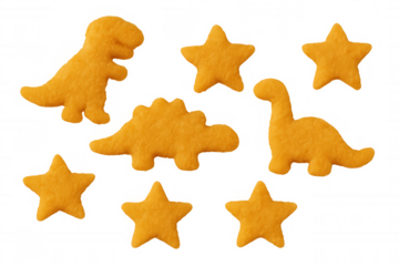 Delicious star and dinosaur shaped orange crackers, a fun snack for kids on transparent background
