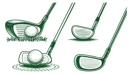 Four golf club and ball illustrations showing different angles and types of golf equipment