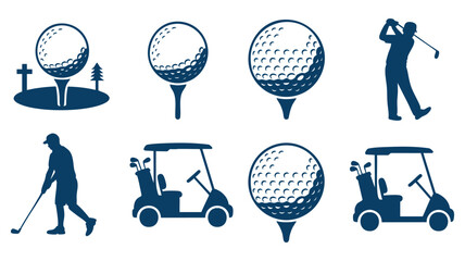 Collection of golf icons featuring golfers carts and balls on tees