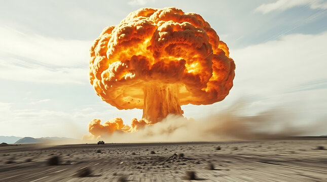 Massive mushroom cloud explosion billowing into the sky over a barren desert landscape under a clear day