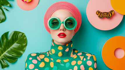 Stylish, vibrant pop art portrait of woman in pink turban, bold green sunglasses, and polka-dotted top, surrounded by tropical leaves and colorful geometric circles on teal background.