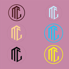 A vibrant logo set featuring six circular “MC” monograms arranged in two columns and three rows on a pink background.