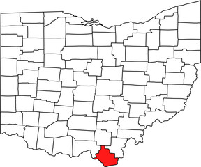 Detailed vector map of Ohio highlighting Lawrence County, the southernmost territory bordering Kentucky and West Virginia along the Ohio River, historically known for its iron industry.

