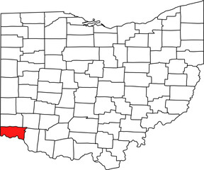 Detailed vector map of Ohio highlighting Hamilton County, the southwestern territory containing the major metropolitan city of Cincinnati and bordering Kentucky and Indiana.

