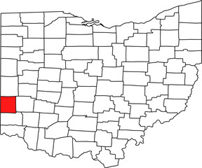 Detailed vector map of Ohio highlighting Preble County, a predominantly rural southwestern territory bordering Indiana, known for its strong agricultural economy.

